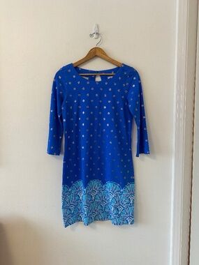 Lilly Pulitzer Cotton Bay Dress in Blue Grotto with Gold Print | Size Small